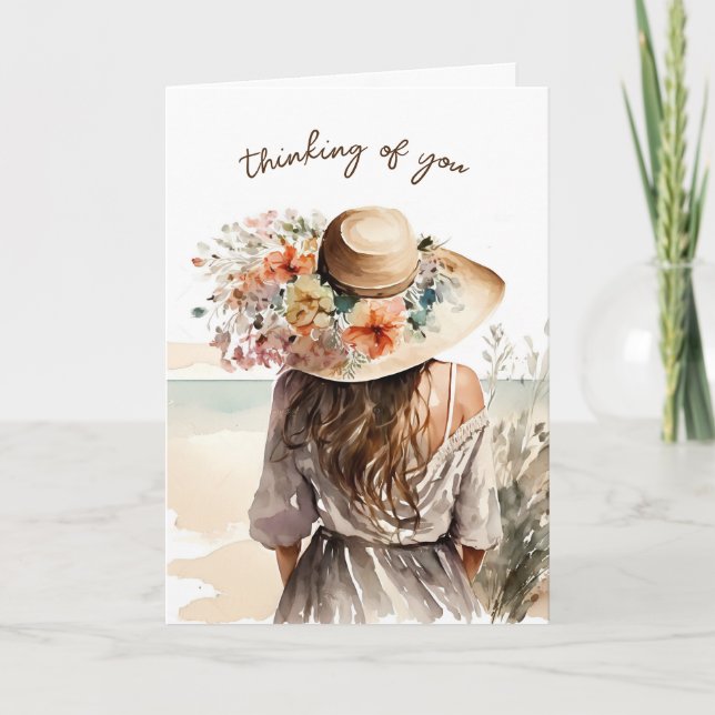 Woman With Beach Hat Thinking of You Card (Front)