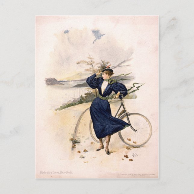 Woman With Bicycle at Riverside Drive, New York Postcard (Front)