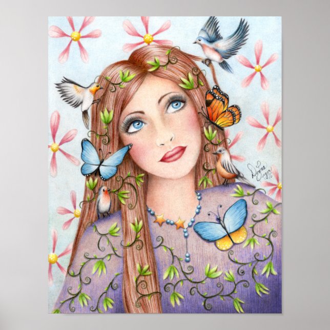 Woman With Birds and Butterflies Poster (Front)