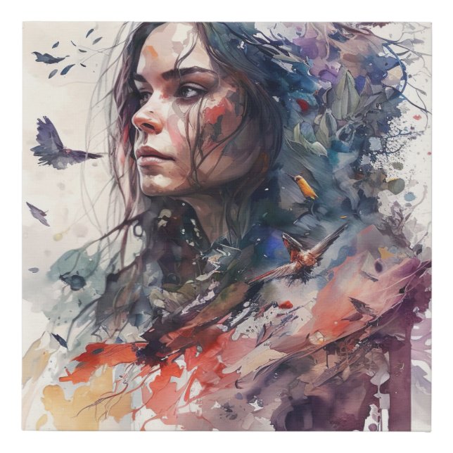 Woman with Birds Faux Canvas Print (Front)