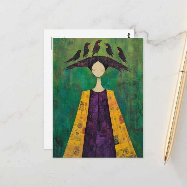 Woman With Birds on Her Head  Postcard (Front/Back In Situ)