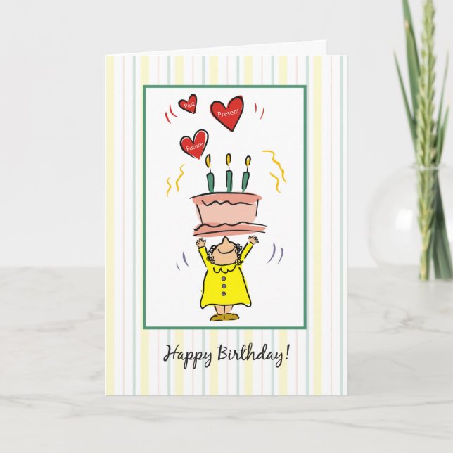 Woman With Birthday Cake and Hearts Cartoon Figure Card (Front)