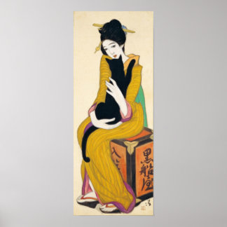 Woman with Black cat, Yumeji Takehisa Poster