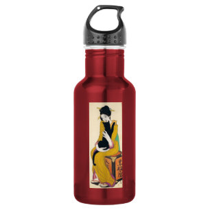 Woman with Black cat, Yumeji Takehisa Water Bottle