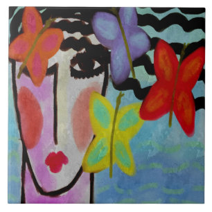 Woman with Butterflies Abstract Digital Painting Ceramic Tile
