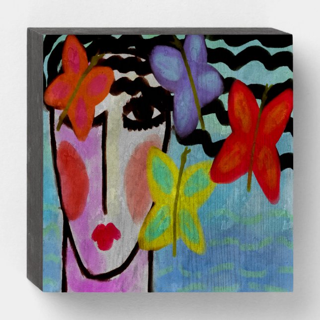 Woman with Butterflies Abstract Digital Painting Wooden Box Sign (Front Horizontal)