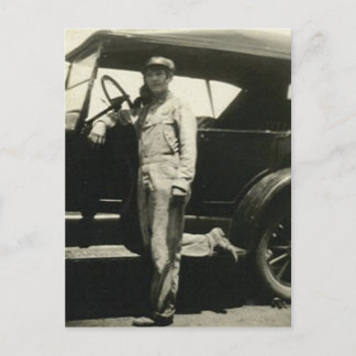 Woman with car postcard