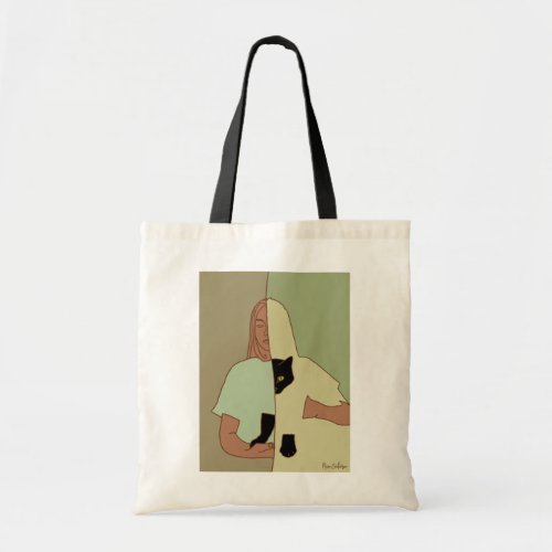Woman With Cat Abstract Minimalist Green Line Art Tote Bag