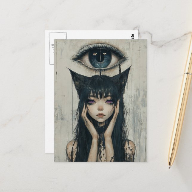 Woman With Cat Ears Surreal Eye Postcard (Front/Back In Situ)