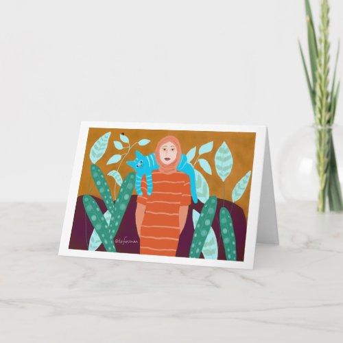 Woman with cat in garden2 card