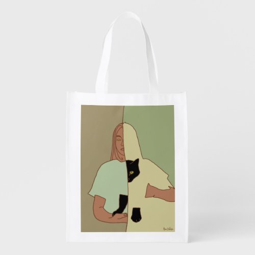 Woman With Cat Minimalist Abstract Green Line Art Grocery Bag
