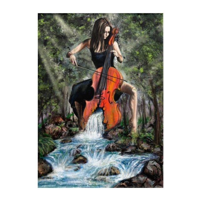 Woman with Cello In Nature Acrylic Print Painting (Front)