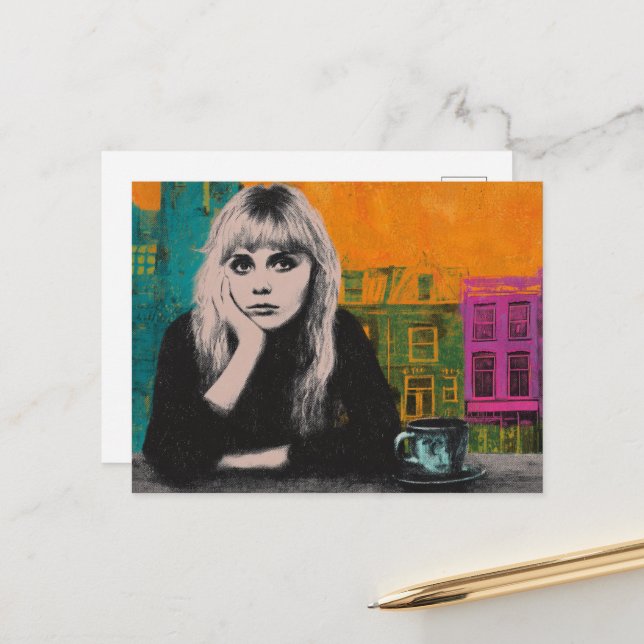 Woman With Coffee Colorful Mixed Media Postcard (Front/Back In Situ)
