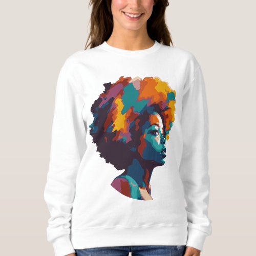 Woman with colorful afro hair design sweatshirt