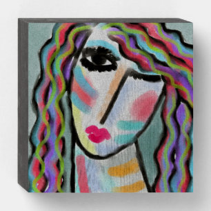 Woman with Colorful Hair Abstract Digital Painting Wooden Box Sign