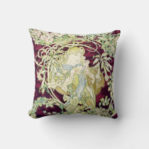Woman with Daisy - Alphonse Mucha Throw Pillow