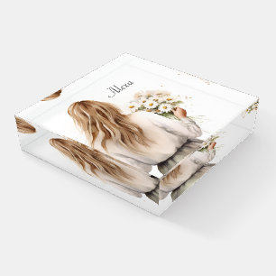 Woman With Daisy Bouquet and Name Paperweight