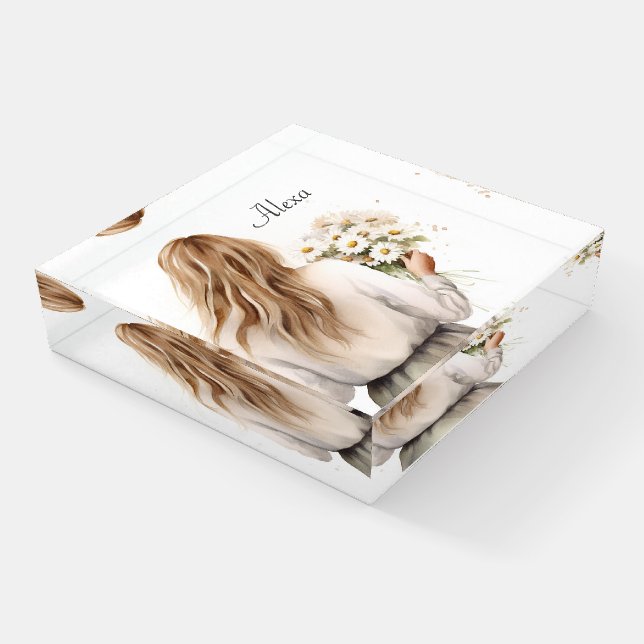 Woman With Daisy Bouquet and Name Paperweight (Angled)