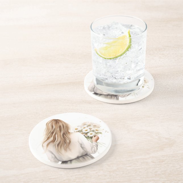 Woman With Daisy Bouquet Coaster (Side)