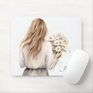 Woman With Daisy Bouquet Mouse Pad