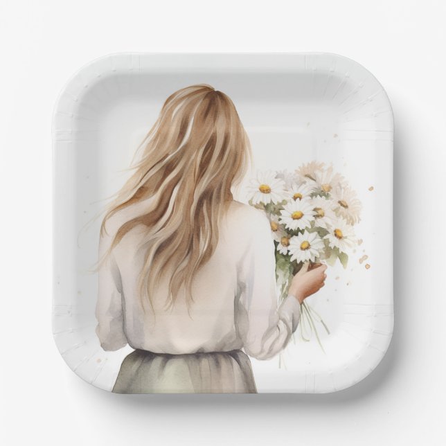 Woman With Daisy Bouquet Paper Plates (Front)