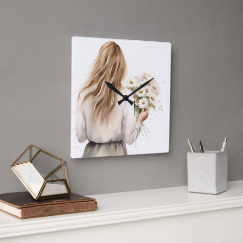 Woman With Daisy Bouquet Square Wall Clock