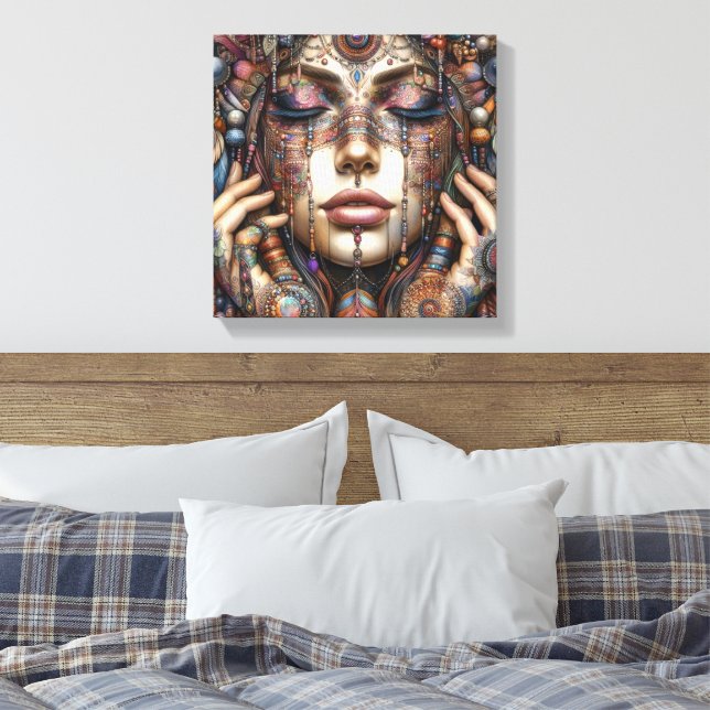 Woman with Elaborate Tribal-Inspired Ornamentation Canvas Print (Insitu(Bedroom))
