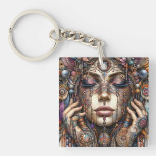 Woman with Elaborate Tribal-Inspired Ornamentation Keychain