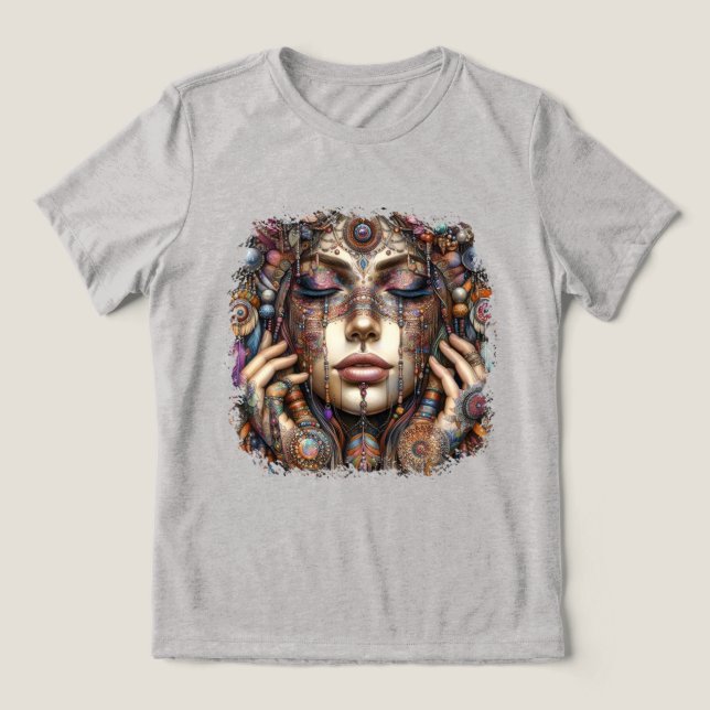 Woman with Elaborate Tribal-Inspired Ornamentation Tri-Blend Shirt (Design Front)