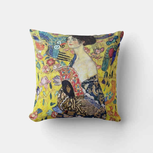 Woman with Fan by Gustav Klimt Throw Pillow (Front)