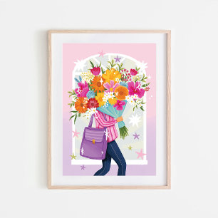 Woman with Floral Bouquet Colorful Illustration  Poster