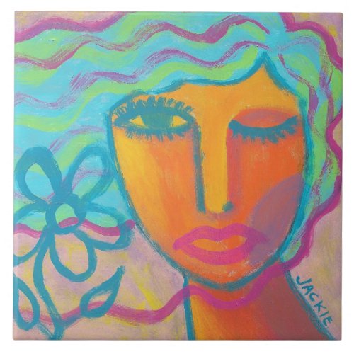 Woman with Flower 1 Original Abstract Art Ceramic Tile