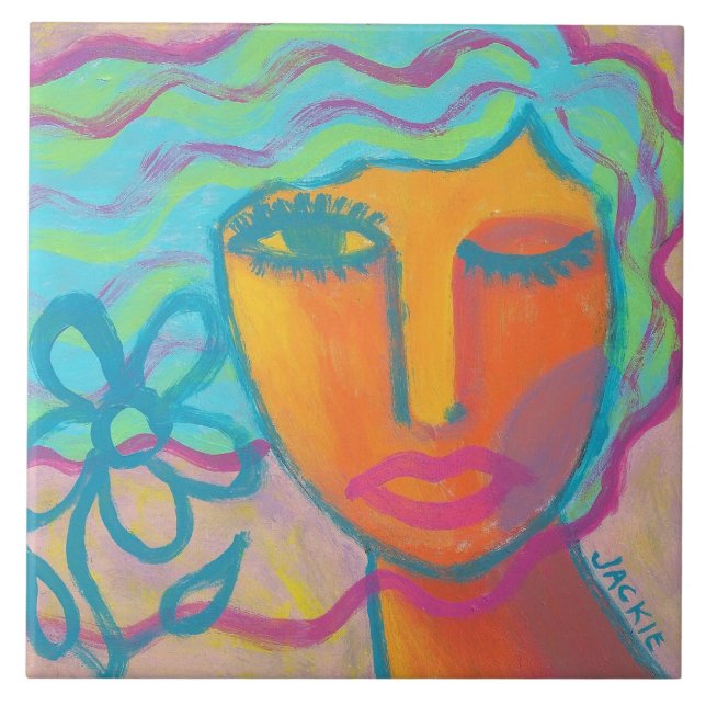 Woman with Flower 1 Original Abstract Art Ceramic Tile (Front)