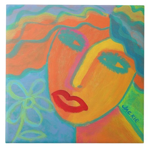 Woman with Flower 2 Original Abstract Art Ceramic Tile
