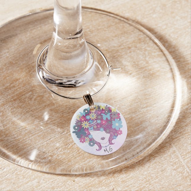 Woman With Flower Hair Pretty Personalised Wine Charm (In Situ)