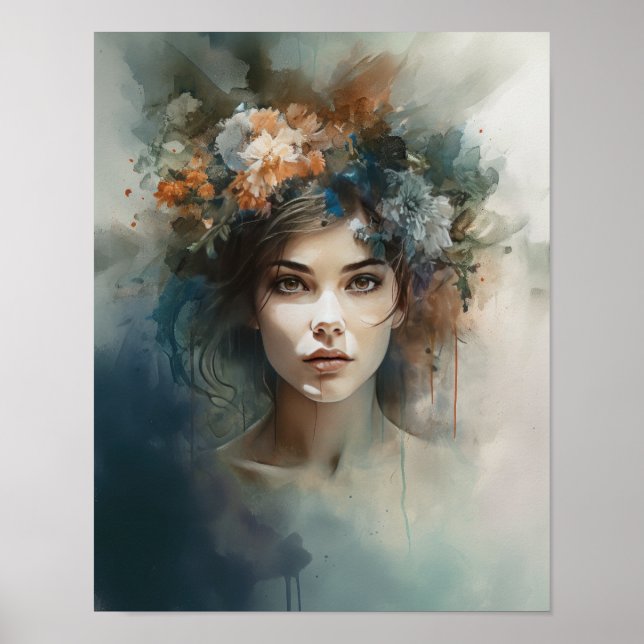 Woman With Flower Head Art Print Poster (Front)