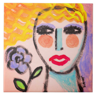Woman with Flower Original Abstract Art Ceramic Tile