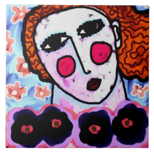 Woman with Flowers Abstract Digital Painting Ceramic Tile