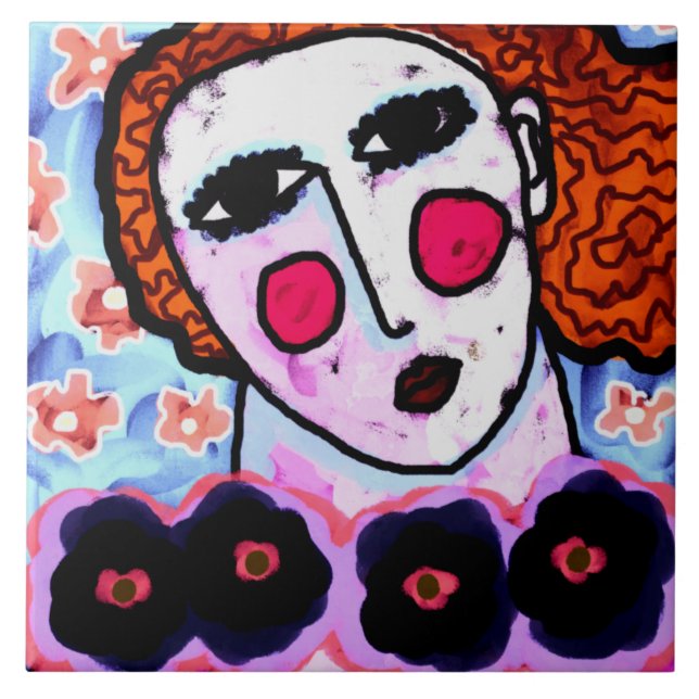 Woman with Flowers Abstract Digital Painting Ceramic Tile (Front)