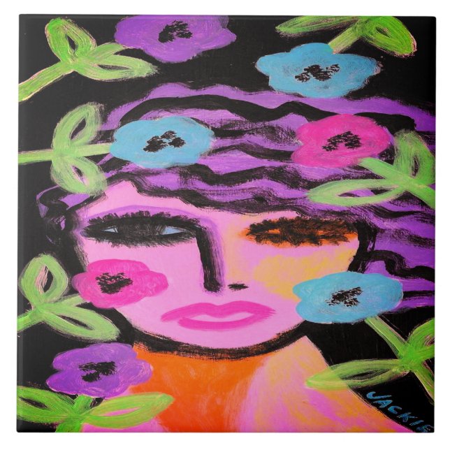 Woman with Flowers Abstract Portrait Ceramic Tile (Front)