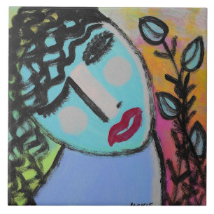 Woman with Flowers Abstract Portrait Ceramic Tile