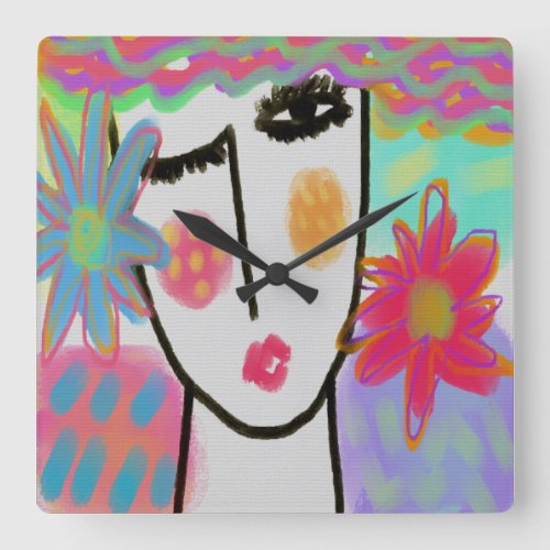 Woman with Flowers Funky Abstract Art Large Clock