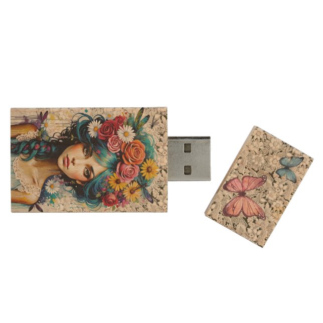 Woman with Flowers in Hair and Butterflies Wood Flash Drive (Opened)