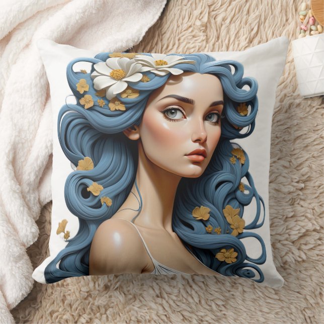 Woman with flowers in her hair. throw pillow (Blanket)