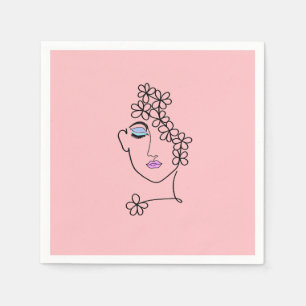 Woman With Flowers Line Art Pink Napkins
