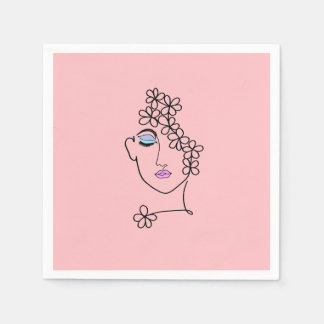 Woman With Flowers Line Art Pink Napkins
