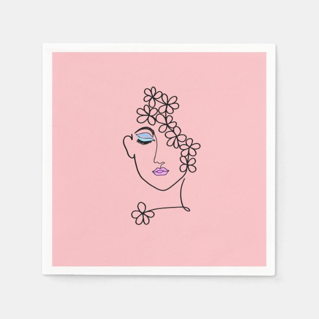 Woman With Flowers Line Art Pink Napkins (Front)