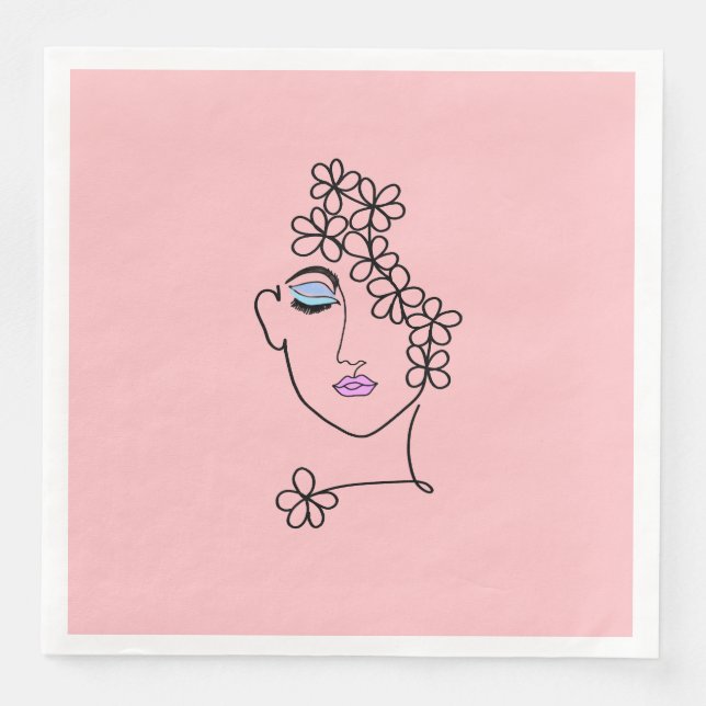 Woman With Flowers Line Art Pink Paper Dinner Napkins (Front)