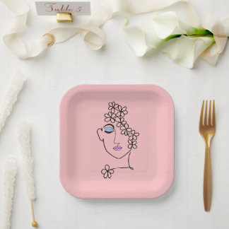 Woman With Flowers Line Art Pink Paper Plates