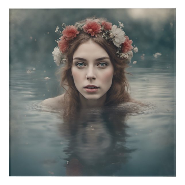 Woman With Flowers on her Head Floating in a Pond Acrylic Print (Front)